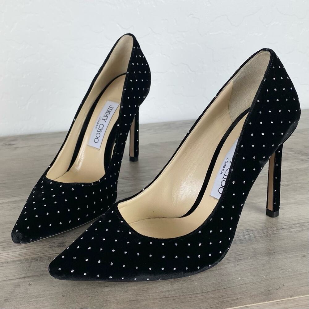 Jimmy Choo Romy 100 Silver Glitter Spotted BlackVelvet Pointy Toe Pumps Sz 6.5 - Picture 5 of 14